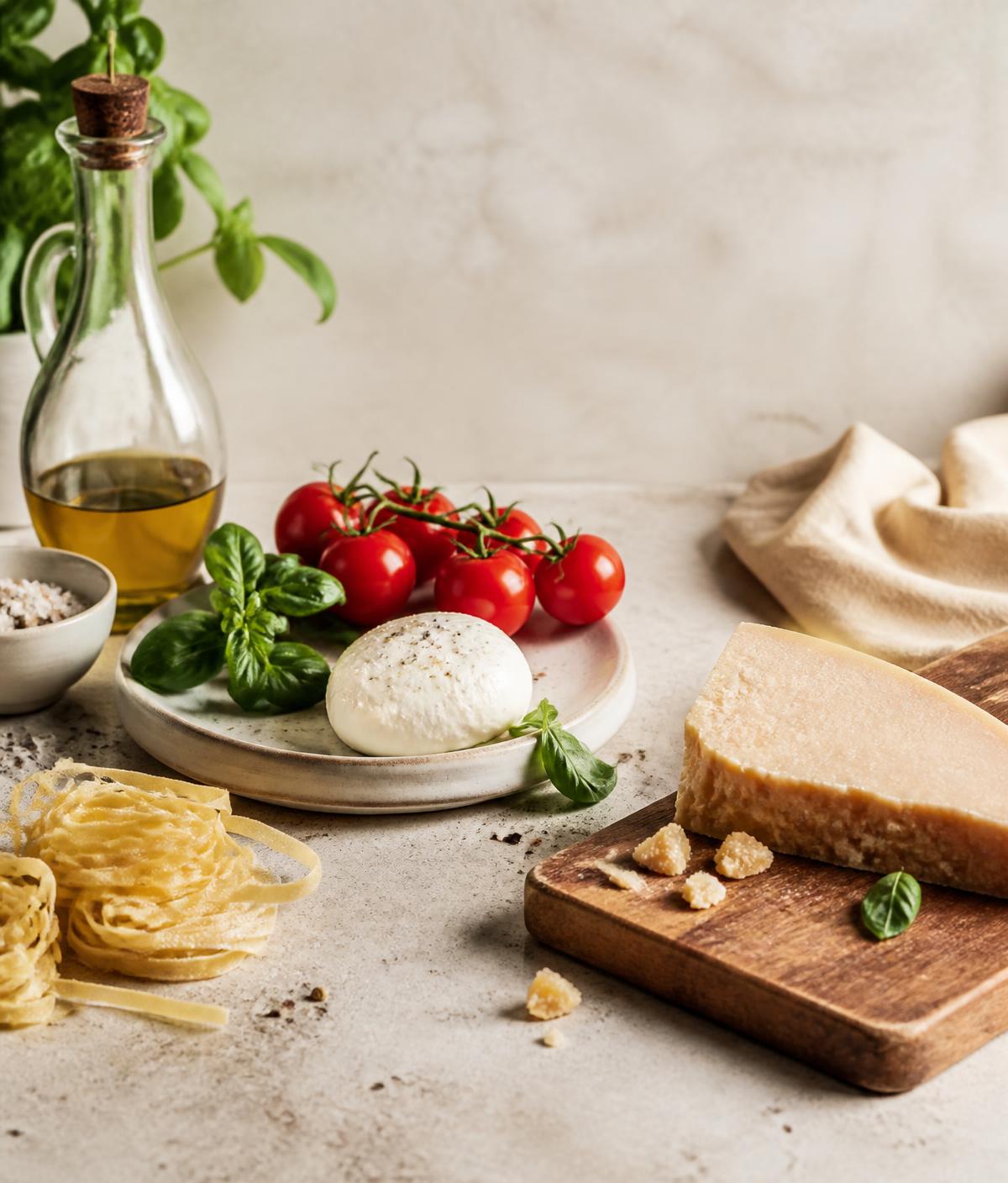 Fresh Mediterranean ingredients arranged on a stone surface