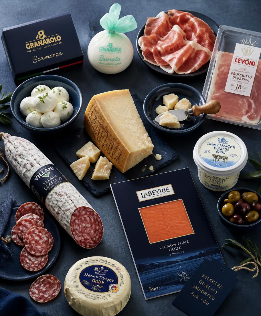 Premium chilled cheeses, cold cuts and dairy on a marble board