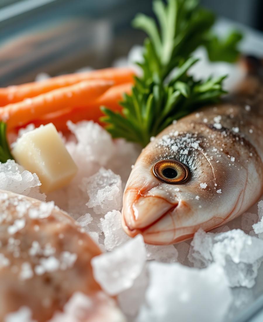 Frozen seafood and vegetables on ice