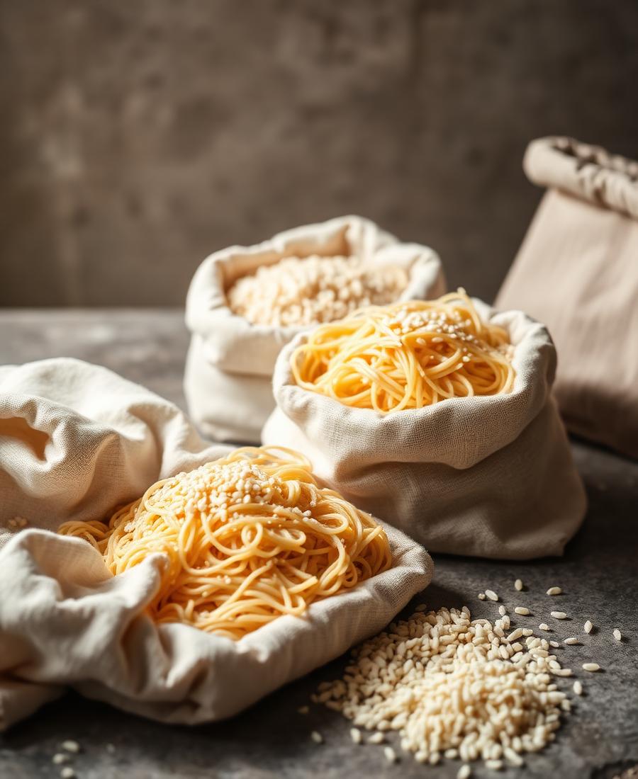 Artisan dry pasta and rice in linen sacks