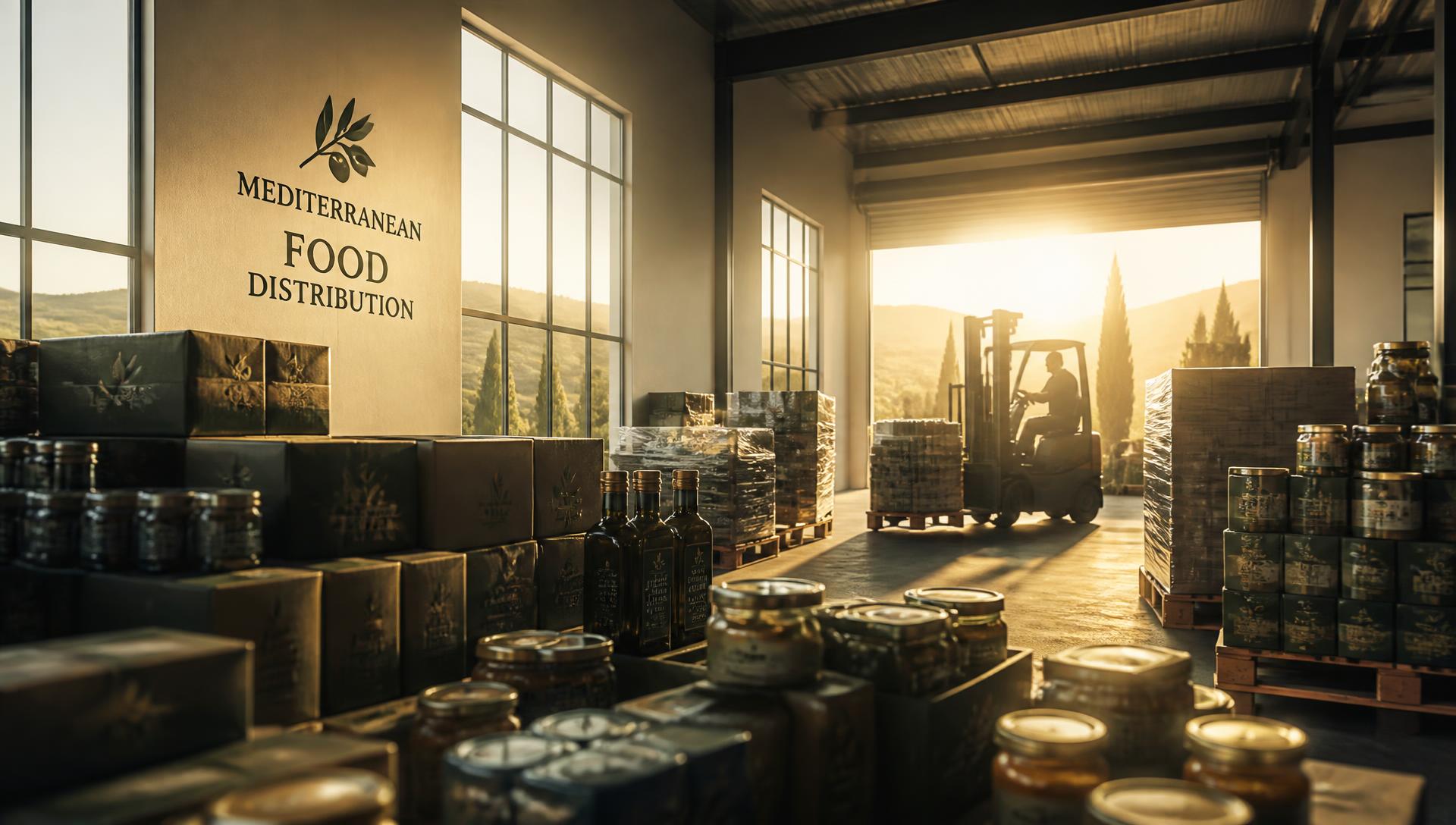 Warehouse of premium imported food products at golden hour